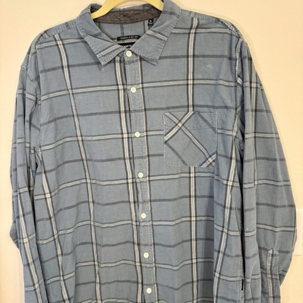 Kenneth Cole Slim Fit Plaid Button-Up Shirt Men's XL Blue Gray Long Sleeve